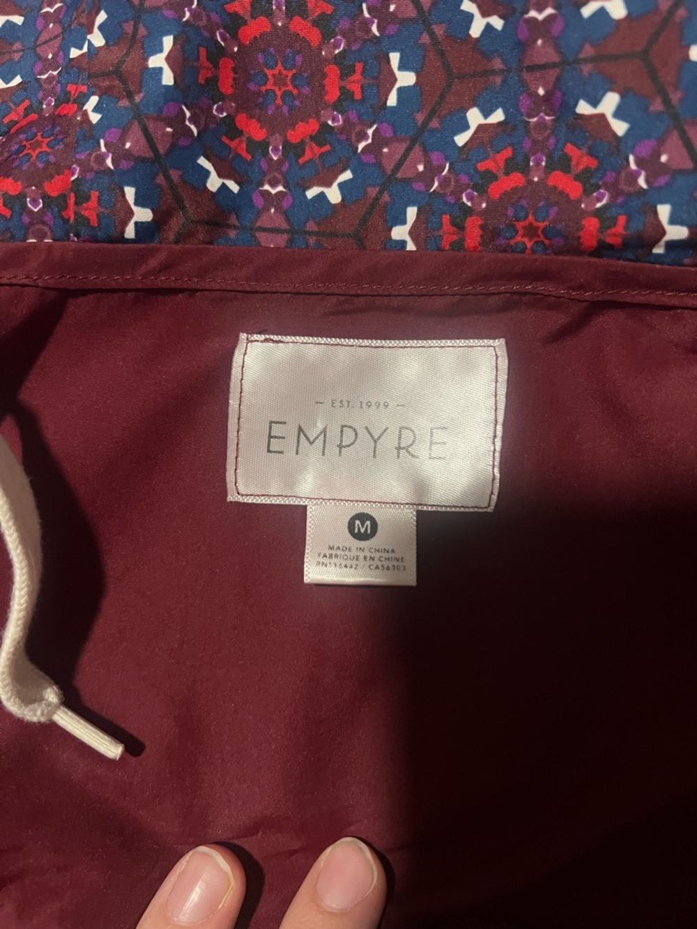 Empyre Maroon wind breaker  Jacket with Patterned Hood Lining - Picture 2 of 2